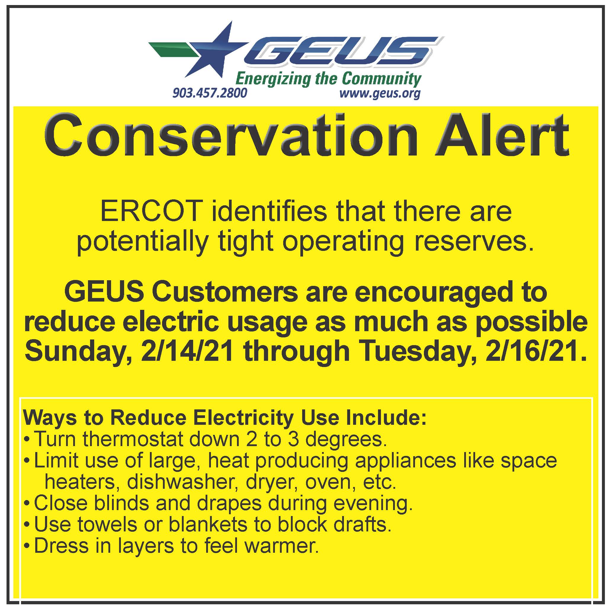 ERCOT Conservation Alert - Yellow 021421-021621